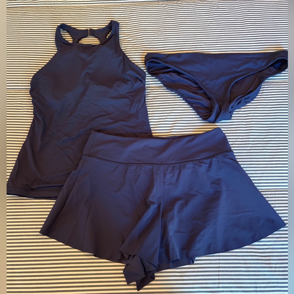Athleta Navy Three-Piece Swim Set — Tankini, Swim skort, & Bikini bottoms